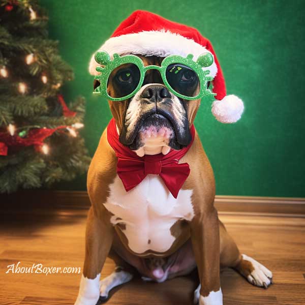 Cute Boxer dog with glasses celebrates New Year