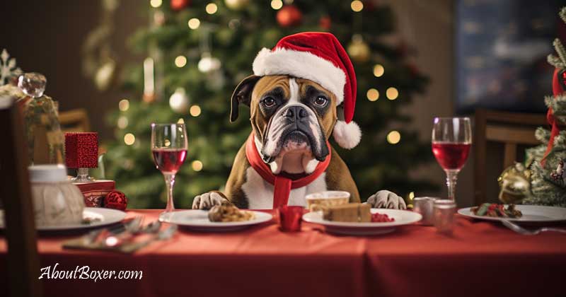 Boxer dog sitting at the holiday table