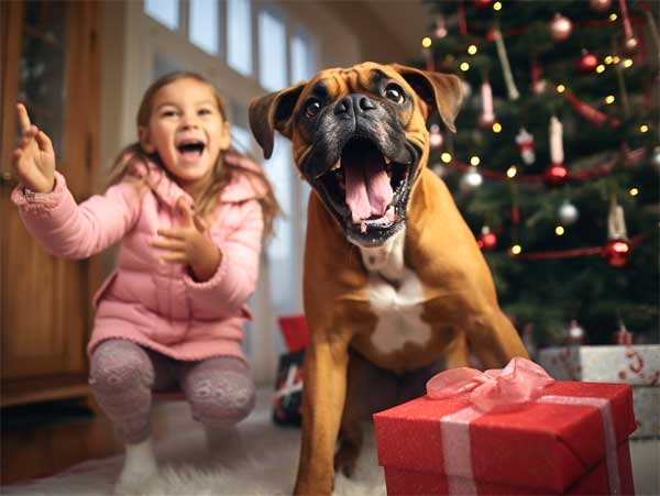 Girl with her pet boxer dog holding a Christmas gift