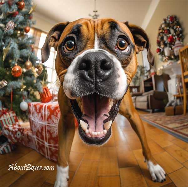 Boxer dog guarding gifts for Christmas