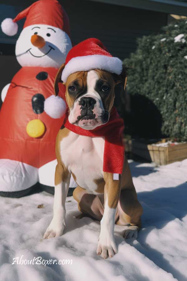 boxer dog with snowman