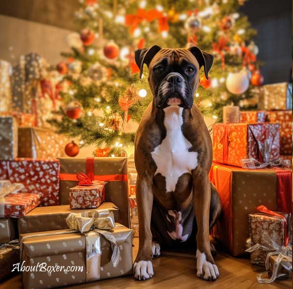 A brindle boxer sits between many gifts