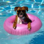 boxer dog in the pool on an inflatable ring