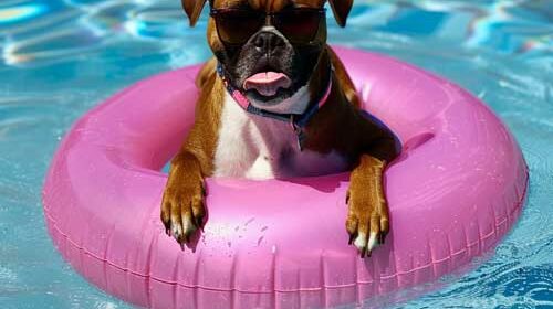 boxer dog in the pool on an inflatable ring