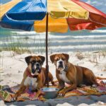 Two boxer dogs under a sun umbrella