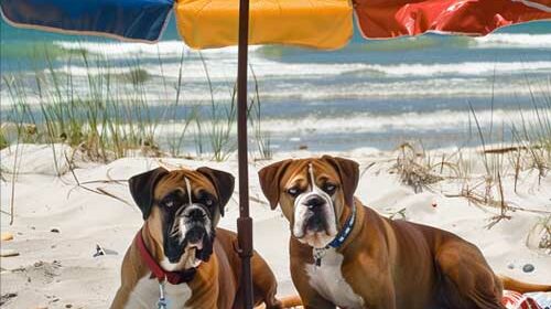 Two boxer dogs under a sun umbrella